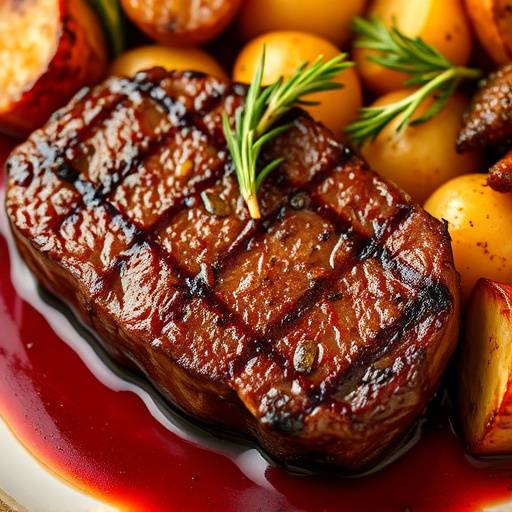 Detailaufnahme eines saftigen Rindersteaks, medium rare gebraten, serviert mit Rosmarinkartoffeln und einer Rotweinreduktion.