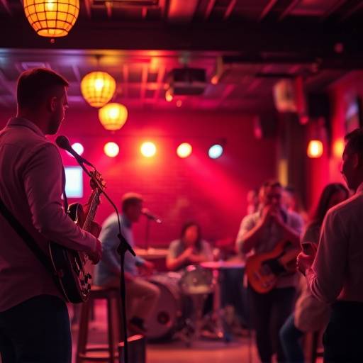 Ein Band spielt Live-Musik auf der Bühne, im Hintergrund sind Tische und Gäste des Restaurants