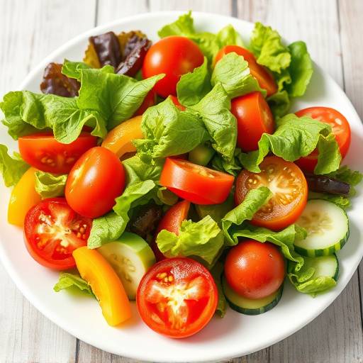 Ein bunter Salatteller mit verschiedenen Blattsalaten, Tomaten, Gurken, Paprika und einem leichten Kräuterdressing.