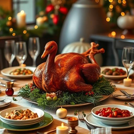 Ein festlich gedeckter Tisch mit einem Gänsebraten in der Mitte, umgeben von Beilagen