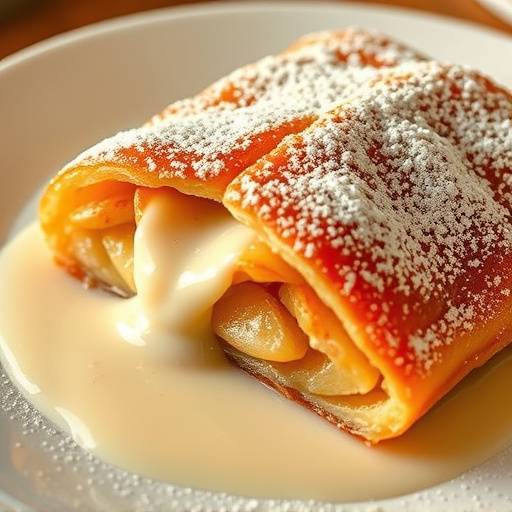 Ein Stück Apfelstrudel mit Vanillesauce, garniert mit Puderzucker