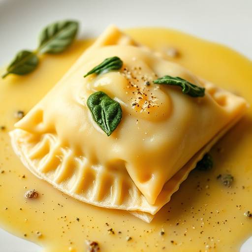 Ein Teller mit hausgemachten Ravioli, gefüllt mit Ricotta und Spinat, in einer leichten Salbeibutter-Sauce.