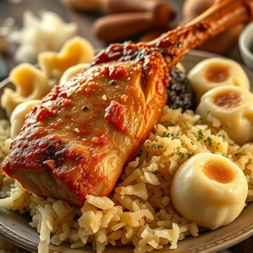 Eine knusprige Schweinshaxe, serviert mit Sauerkraut und Semmelknödeln