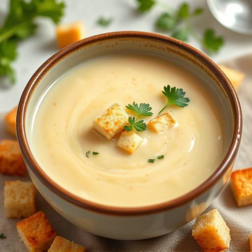 Eine Schale mit cremiger Kartoffelsuppe, garniert mit Croutons und frischer Petersilie