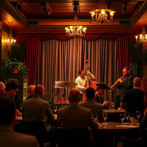 Live-Musik Abend im Restaurant mit einem Jazz-Quartett auf der Bühne und Gästen, die das Ambiente genießen.