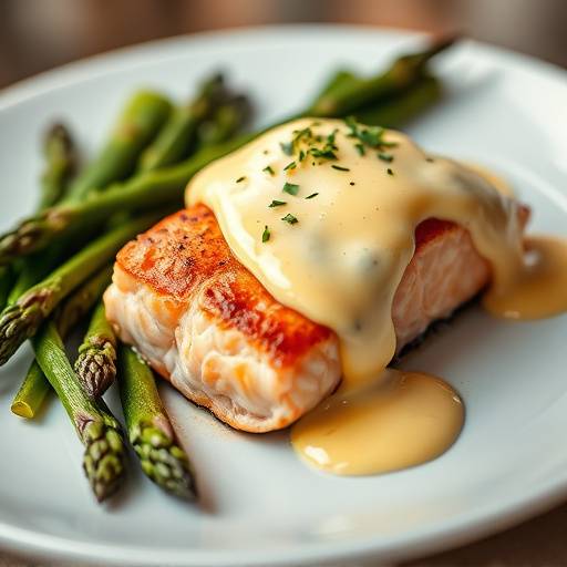 Nahaufnahme eines kunstvoll angerichteten Tellers mit gebratenem Lachs auf einem Bett aus Spargel und cremiger Sauce Hollandaise.